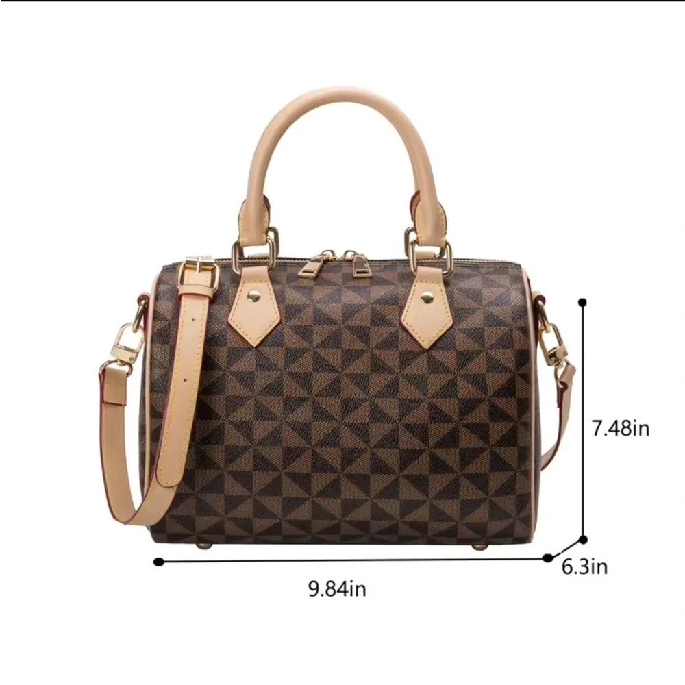 New! Beautiful Brown Geometric Boston Bag Crossbody Satchel Handbag Purse